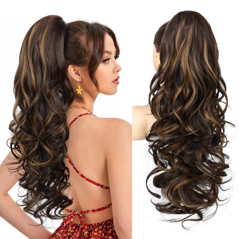 REECHO Ponytail Extension 24 Claw Clip in Long Curly Wavy Ponytail Hair Extension Jaw Clip on Pony Tails Hairpiece for Women  Dark Brown with Highlights